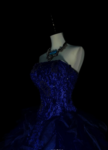 Chic A-Line Blue Long Prom Dress Lace Strapless Evening Dress Sleeveless Sweet 16 Dress ED06375
