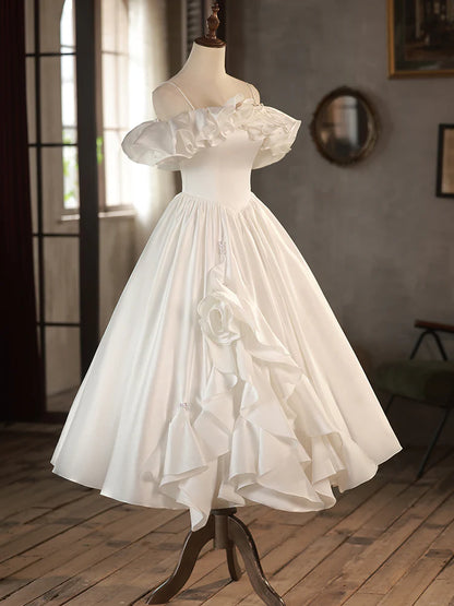 Retro A-Line Tea Length Ivory Prom Dress, White Wedding Party Dress ED0638