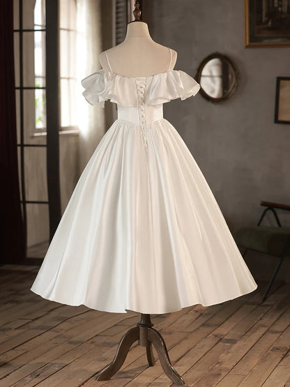 Retro A-Line Tea Length Ivory Prom Dress, White Wedding Party Dress ED0638