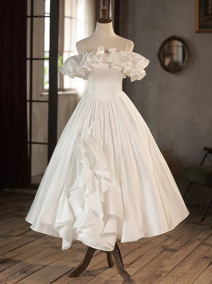 Retro A-Line Tea Length Ivory Prom Dress, White Wedding Party Dress ED0638