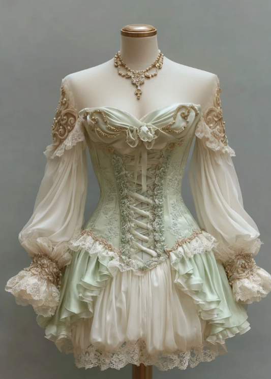 Cute A-Line Green Short Prom Dress  Chiffon Lace Off-shoulder Birthday Dress Long Sleeves Party Dress ED06380