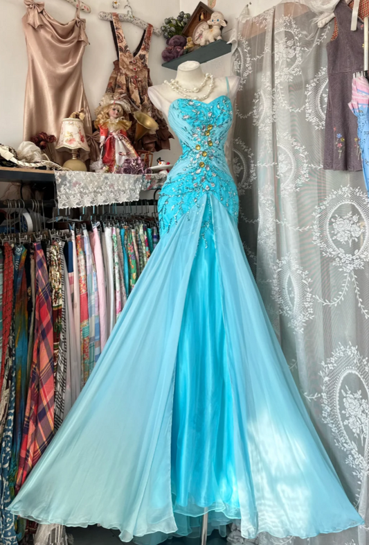 Gorgeous Sheath Blue Long Prom Dress Beaded Chiffon One-shoulder Evening Dress Sleeveless Birthday Dress  ED06385