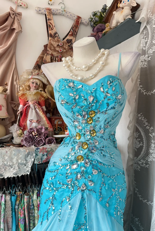 Gorgeous Sheath Blue Long Prom Dress Beaded Chiffon One-shoulder Evening Dress Sleeveless Birthday Dress  ED06385