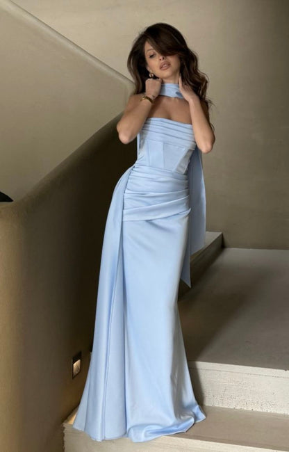 Gorgeous Sheath Blue Long Prom Dress Satin Strapless Evening Dress Sleeveless Birthday Dress ED06388