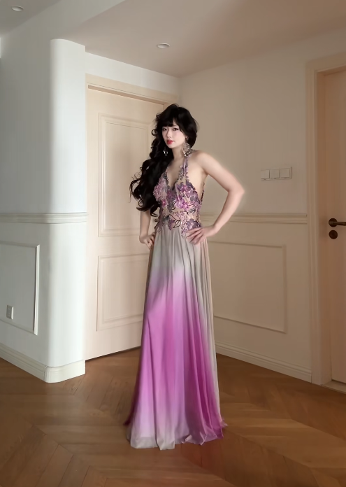 Gorgeous Sheath Pink Long Prom Dress Chiffon V-neck Evening Dress Sleeveless Party Dress ED06392