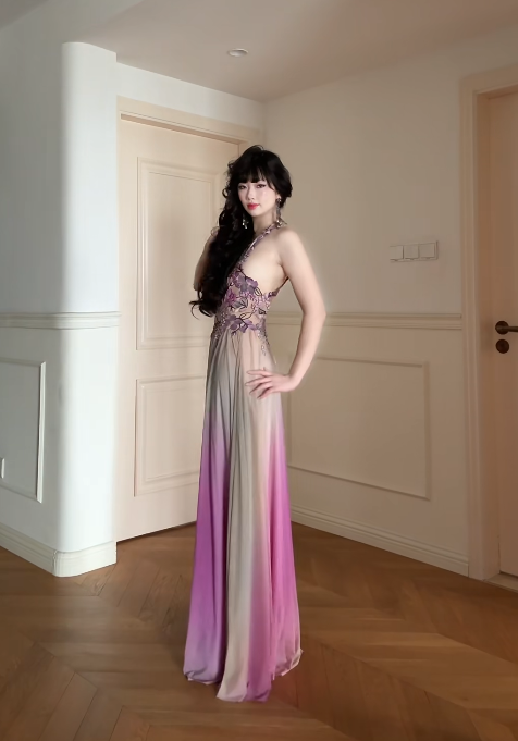 Gorgeous Sheath Pink Long Prom Dress Chiffon V-neck Evening Dress Sleeveless Party Dress ED06392