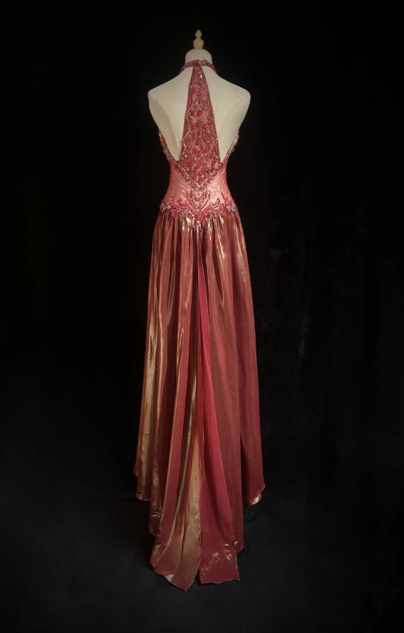 Elegant Sheath Red Long Prom Dress Satin Beaded Halter Evening Dress Sleeveless Party Dress ED06394