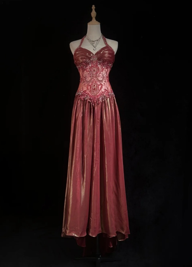 Elegant Sheath Red Long Prom Dress Satin Beaded Halter Evening Dress Sleeveless Party Dress ED06394