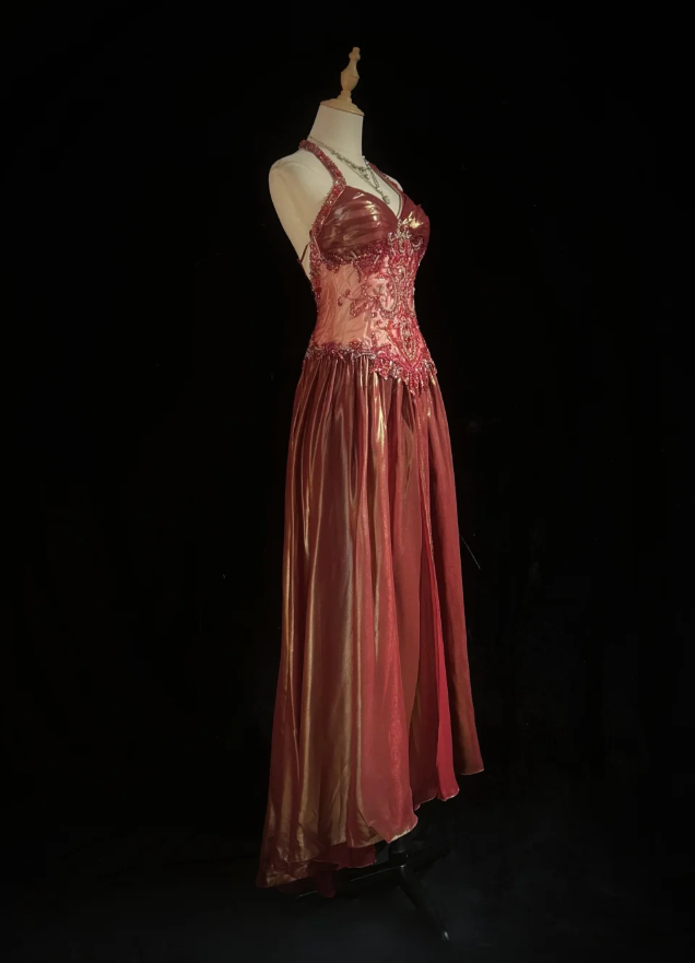 Elegant Sheath Red Long Prom Dress Satin Beaded Halter Evening Dress Sleeveless Party Dress ED06394