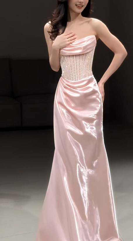 Elegant Sheath Pink Long Prom Dress Satin Beaded Strapless Evening Dress Sleeveless Party Dress ED06396