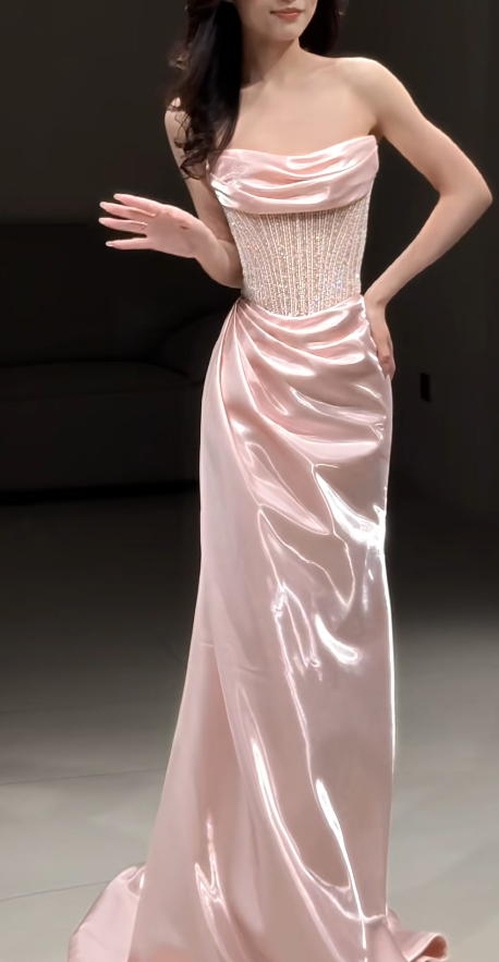 Elegant Sheath Pink Long Prom Dress Satin Beaded Strapless Evening Dress Sleeveless Party Dress ED06396