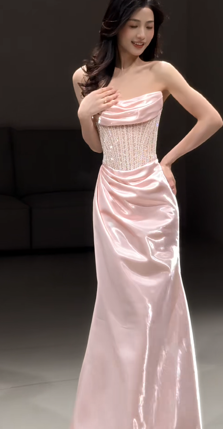 Elegant Sheath Pink Long Prom Dress Satin Beaded Strapless Evening Dress Sleeveless Party Dress ED06396