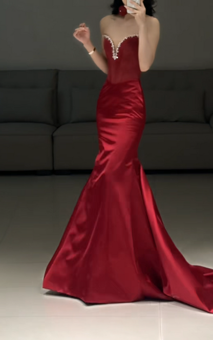 Elegant Mermaid Burgundy Long Prom Dress Satin Sweetheart Evening Dress Sleeveless Party Dress ED06397