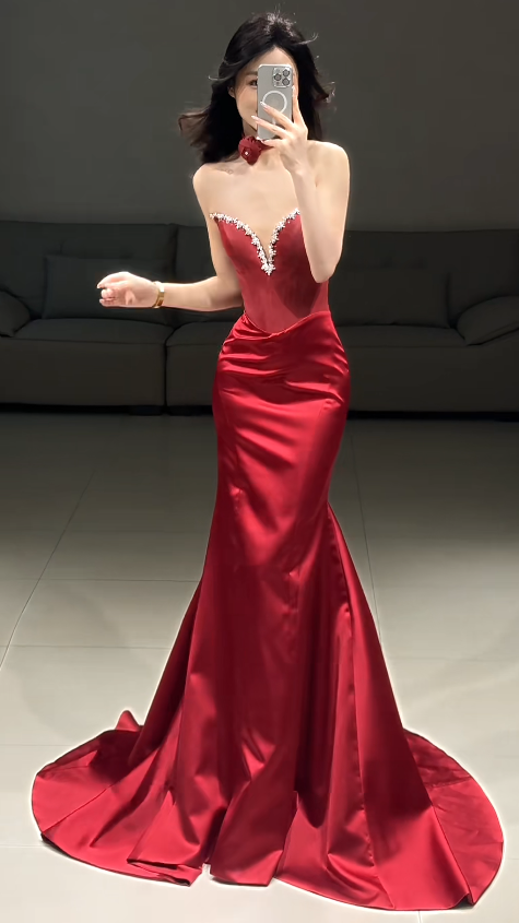 Elegant Mermaid Burgundy Long Prom Dress Satin Sweetheart Evening Dress Sleeveless Party Dress ED06397