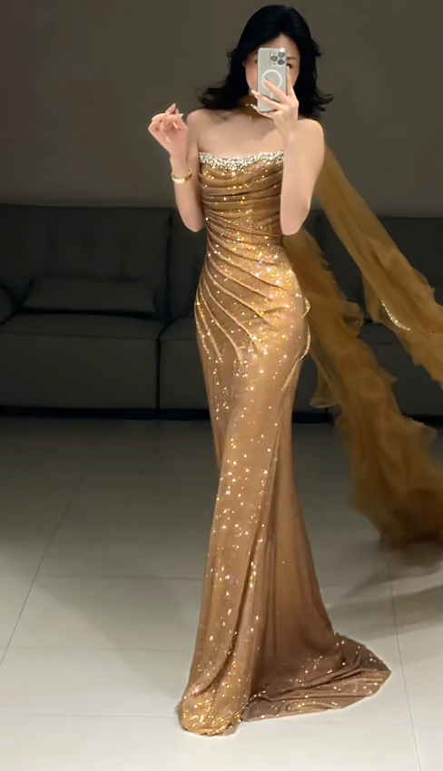 Elegant Sheath Champagne Gold Long Prom Dress Tulle Strapless Evening Dress Sleeveless Party Dress ED06398