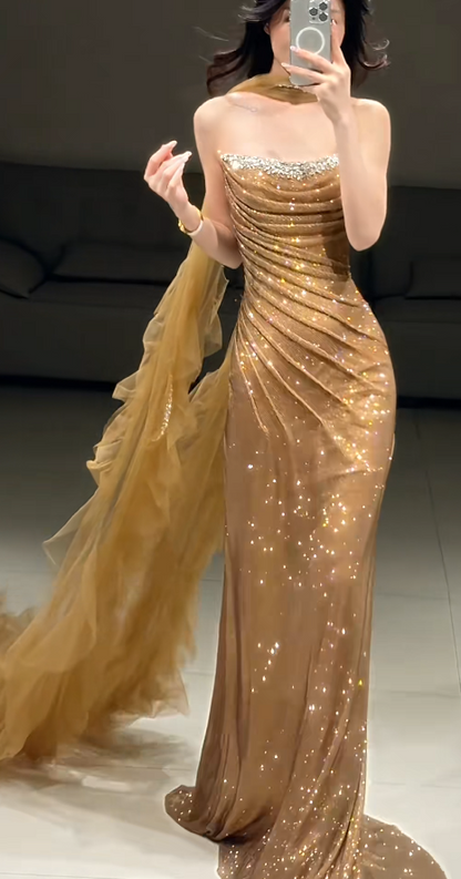 Elegant Sheath Champagne Gold Long Prom Dress Tulle Strapless Evening Dress Sleeveless Party Dress ED06398