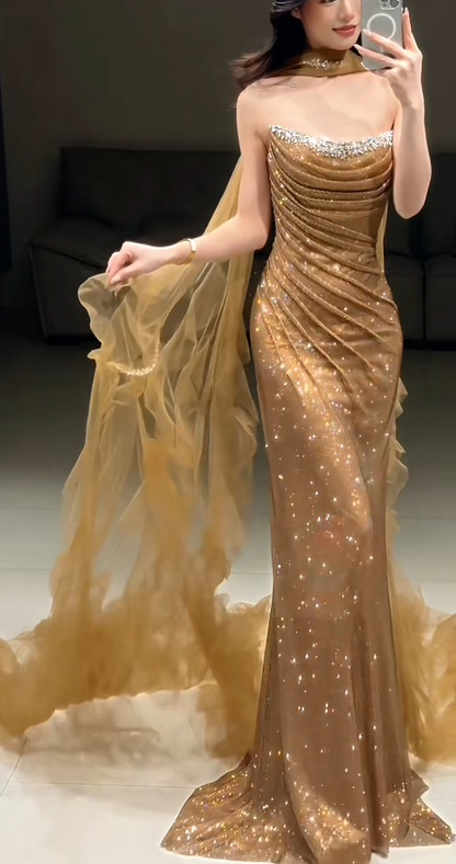 Elegant Sheath Champagne Gold Long Prom Dress Tulle Strapless Evening Dress Sleeveless Party Dress ED06398