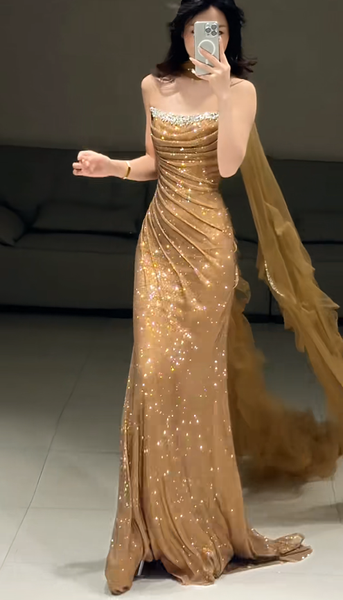 Elegant Sheath Champagne Gold Long Prom Dress Tulle Strapless Evening Dress Sleeveless Party Dress ED06398