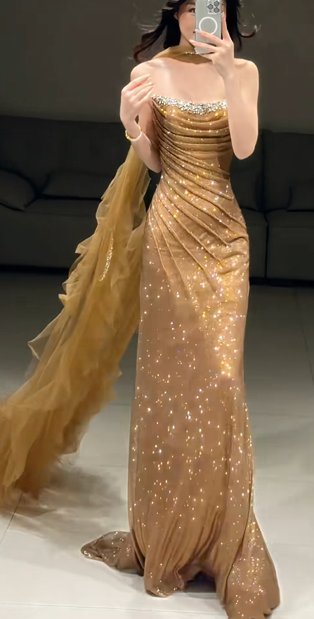 Elegant Sheath Champagne Gold Long Prom Dress Tulle Strapless Evening Dress Sleeveless Party Dress ED06398