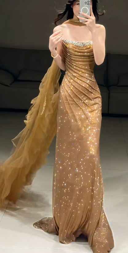 Elegant Sheath Champagne Gold Long Prom Dress Tulle Strapless Evening Dress Sleeveless Party Dress ED06398