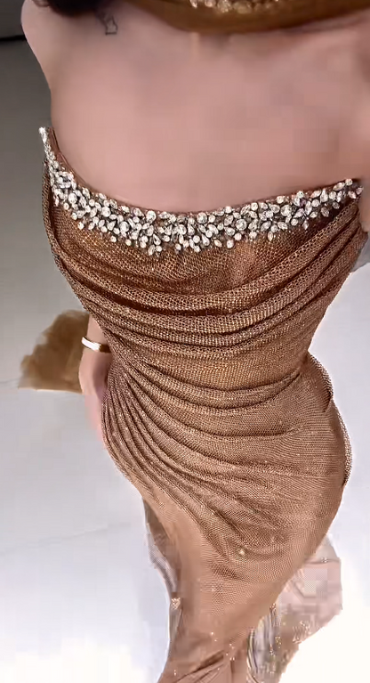 Elegant Sheath Champagne Gold Long Prom Dress Tulle Strapless Evening Dress Sleeveless Party Dress ED06398