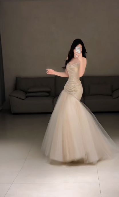 Elegant Sheath Champagne Long Prom Dress Tulle Strapless Evening Dress Sleeveless Party Dress ED06399