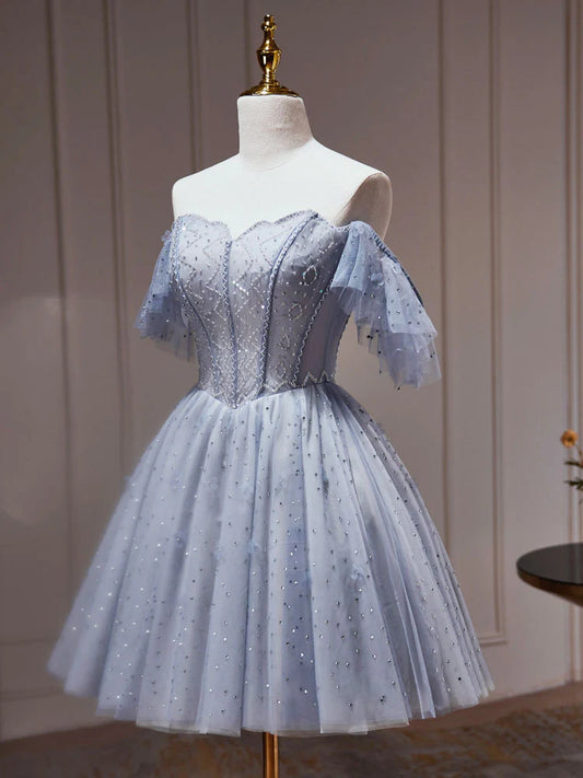 A-Linie Tüll Staubblau Kurzes Ballkleid, Staubblaues Homecoming-Kleid ED0640
