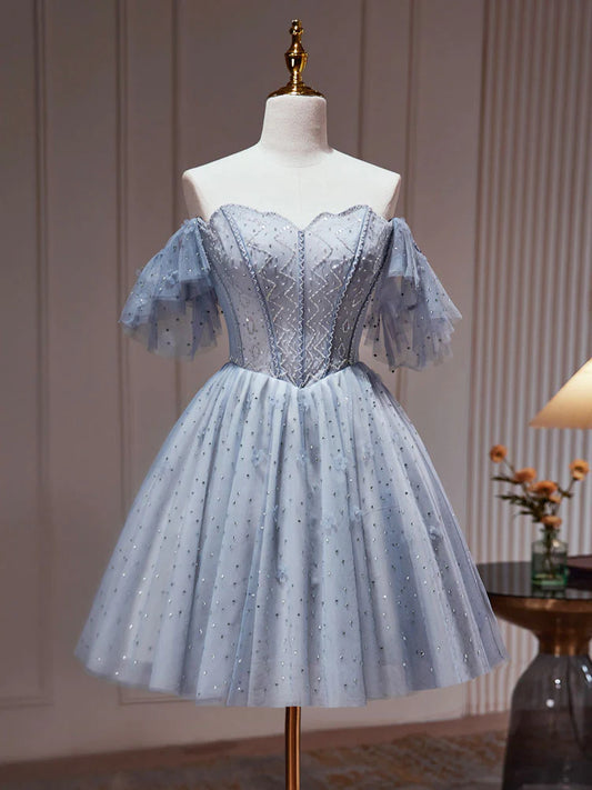 A-Linie Tüll Staubblau Kurzes Ballkleid, Staubblaues Homecoming-Kleid ED0640