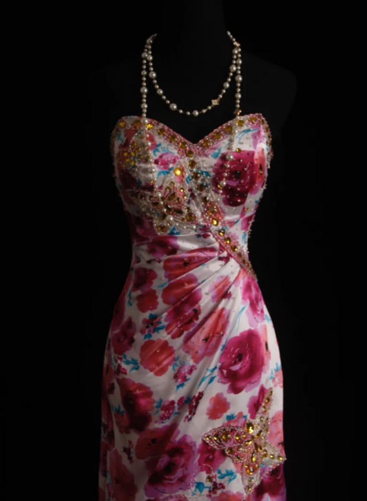 Elegant Sheath Pink Long Prom Dress Satin Beaded Sweetheart Evening Dress Sleeveless Party Dress ED06401