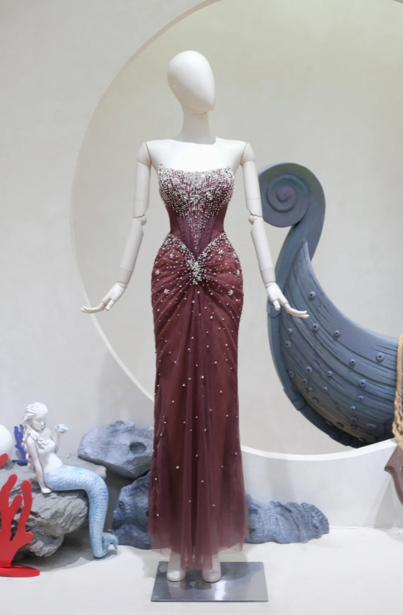 Elegant Sheath Brown Long Prom Dress Tulle Beaded Strapless Evening Dress Sleeveless Party Dress ED06402