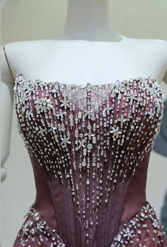 Elegant Sheath Brown Long Prom Dress Tulle Beaded Strapless Evening Dress Sleeveless Party Dress ED06402