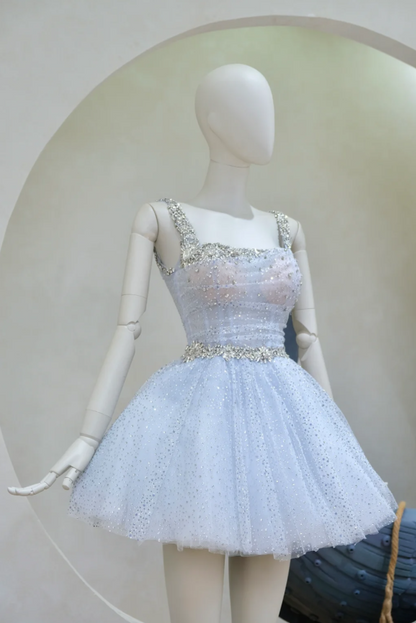 Robes d'anniversaire élégantes bleu dégradé, col en V, paillettes, mousseline, fourreau, robes de bal, robes de soirée ED04456