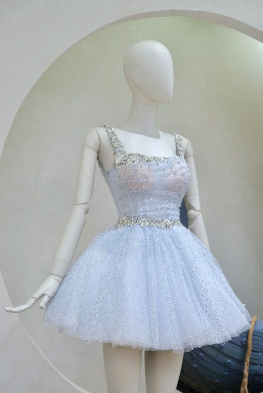 Fairy A-Line Ice-blue Short Prom Dress Glitter Tulle Spaghetti Straps Evening Dress Sleeveless Party Dress ED06409