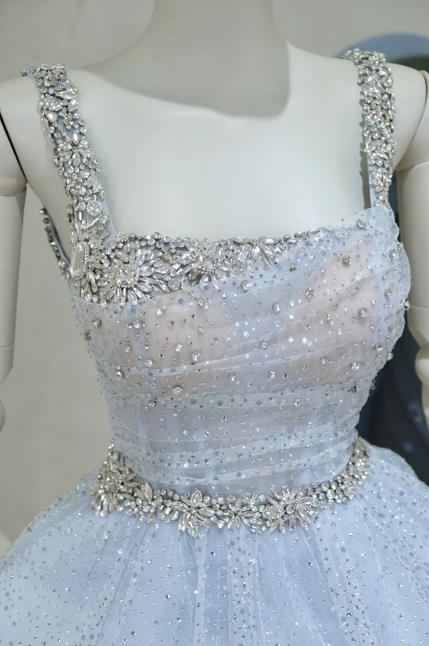 Fairy A-Line Ice-blue Short Prom Dress Glitter Tulle Spaghetti Straps Evening Dress Sleeveless Party Dress ED06409