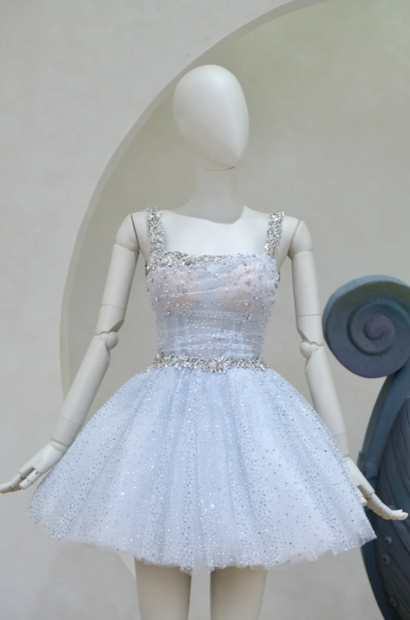 Fairy A-Line Ice-blue Short Prom Dress Glitter Tulle Spaghetti Straps Evening Dress Sleeveless Party Dress ED06409