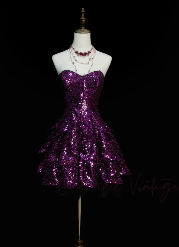 Fairy A-Line Purple Short Prom Dress Sequins Sweetheart Evening Dress Cute Sleeveless Birthday Dress ED06415