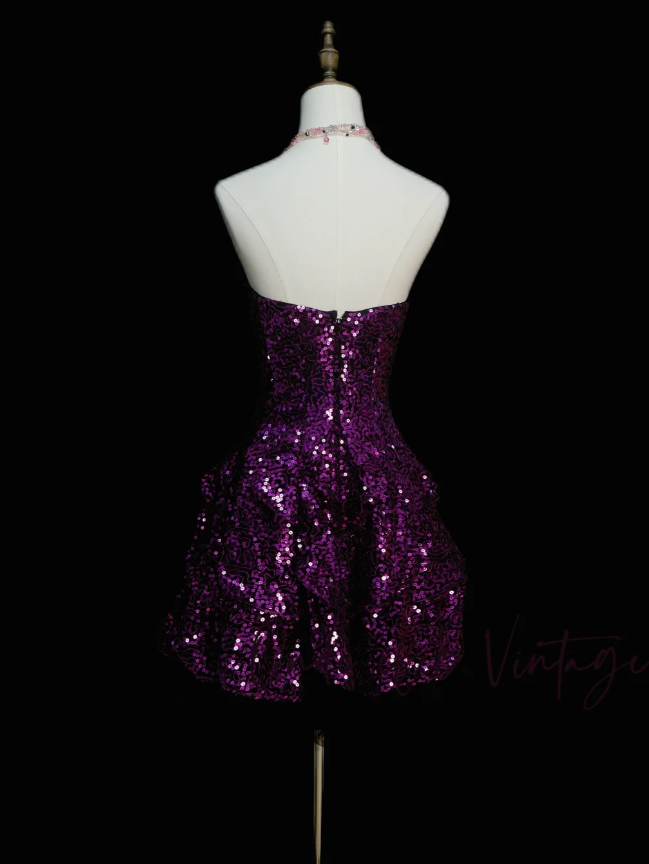 Fairy A-Line Purple Short Prom Dress Sequins Sweetheart Evening Dress Cute Sleeveless Birthday Dress ED06415