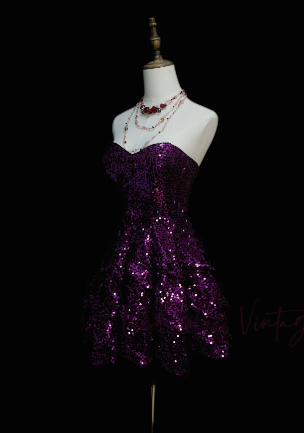 Fairy A-Line Purple Short Prom Dress Sequins Sweetheart Evening Dress Cute Sleeveless Birthday Dress ED06415