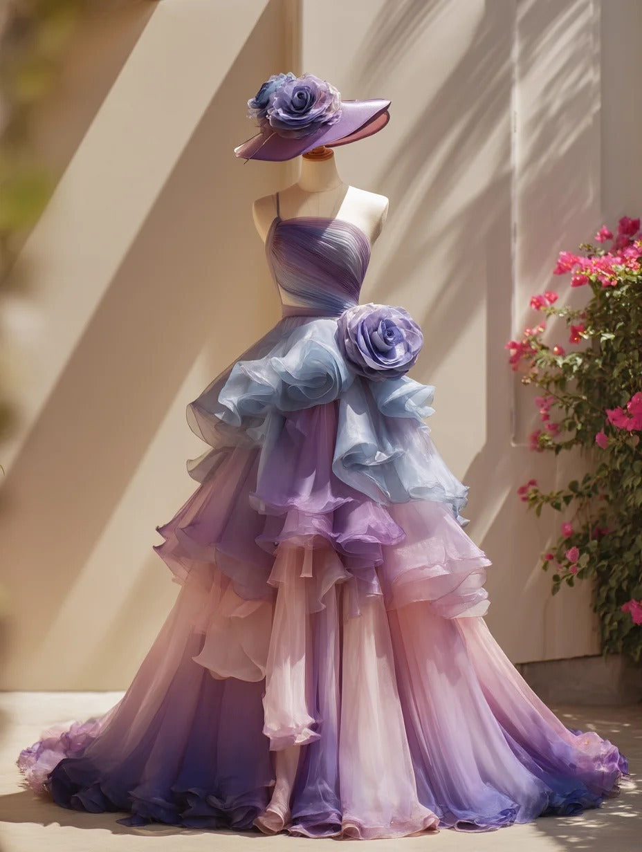 Gorgeous A-Line Purple Long Prom Dress Tulle One-Shoulder Evening Dress Sleeveless Sweet 16 Dress  ED06418