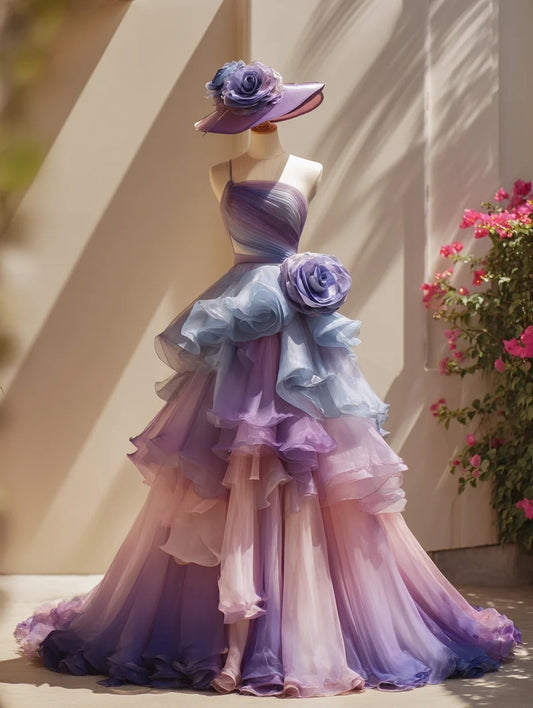 Gorgeous A-Line Purple Long Prom Dress Tulle One-Shoulder Evening Dress Sleeveless Sweet 16 Dress  ED06418