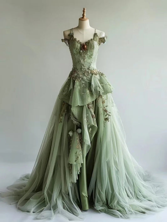 Gorgeous A-Line Green Long Prom Dress Applique Tulle Spaghetti Straps Evening Dress Sleeveless Sweet 16 Dress ED06419