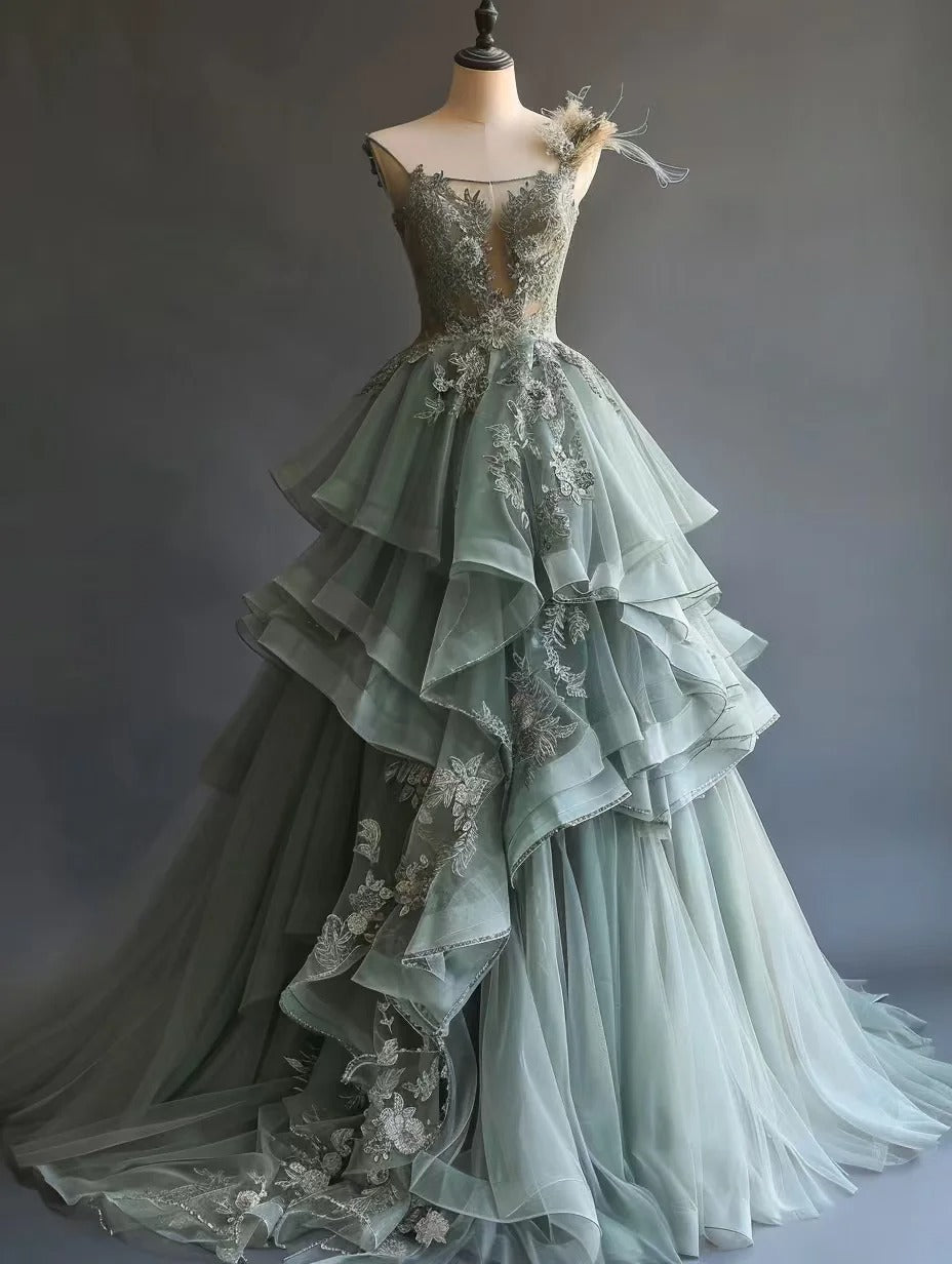 Gorgeous A-Line Green Long Prom Dress Applique Tulle One-shoulder Evening Dress Sleeveless Sweet 16 Dress  ED06420