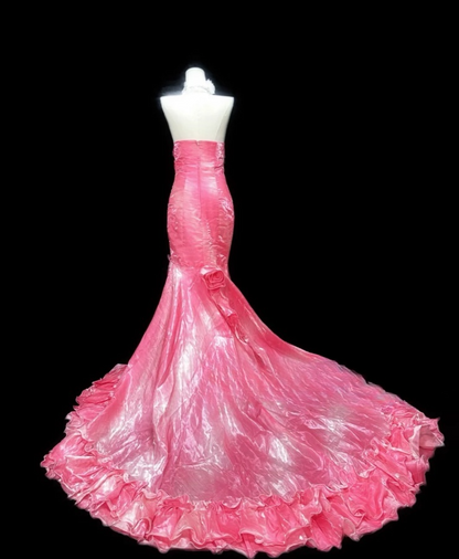 Gorgeous Mermaid Pink Long Prom Dress Tulle Strapless Evening Dress Sleeveless Sweet 16 Dress  ED06422