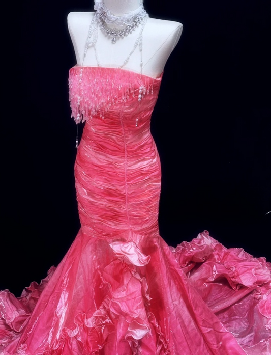 Gorgeous Mermaid Pink Long Prom Dress Tulle Strapless Evening Dress Sleeveless Sweet 16 Dress  ED06422