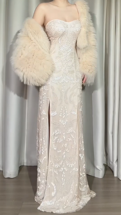 Vintage Sheath Apricot Long Prom Dress Chiffon Beaded Sweetheart  Evening Dress  ED06423