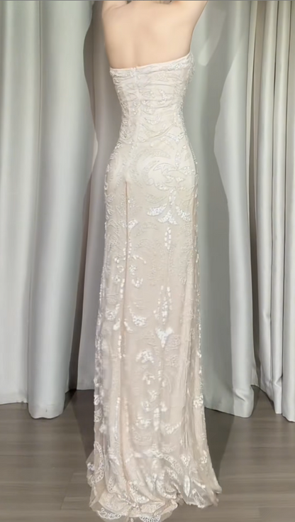 Vintage Sheath Apricot Long Prom Dress Chiffon Beaded Sweetheart  Evening Dress  ED06423