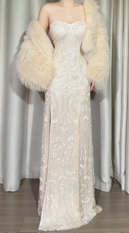 Vintage Sheath Apricot Long Prom Dress Chiffon Beaded Sweetheart  Evening Dress  ED06423