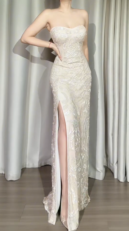 Vintage Sheath Apricot Long Prom Dress Chiffon Beaded Sweetheart  Evening Dress  ED06423