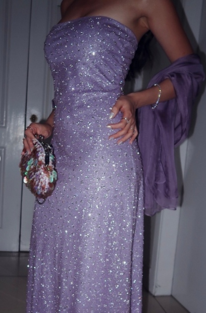 Glitter Sheath Purple Long Prom Dress Beaded Tulle Strapless Evening Dress  ED06425