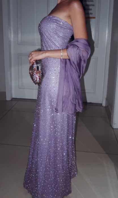 Glitter Sheath Purple Long Prom Dress Beaded Tulle Strapless Evening Dress  ED06425